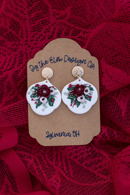 Noel Holiday Floral Dangle Earrings - 14k gold plated post, nickel free