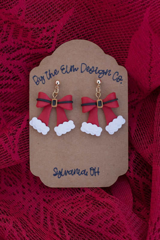 Santa Bow Dangle Earrings - 14k gold plated posts, nickel free