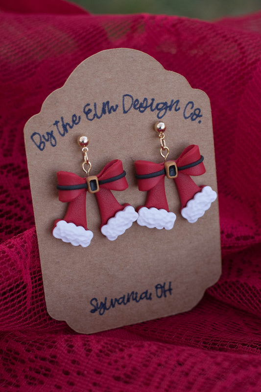 Santa Bow Dangle Earrings - 14k gold plated posts, nickel free