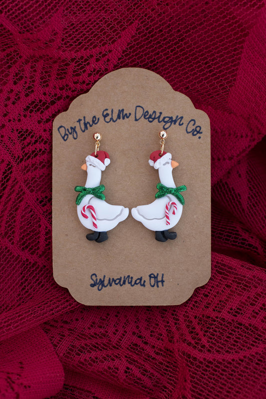 Santa Goose Dangle Earrings - 14k gold plated post, nickel free