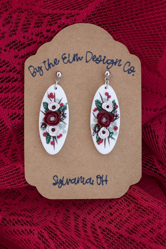 Noel Winter Floral Dangle Earrings - White gold plated post, nickel free