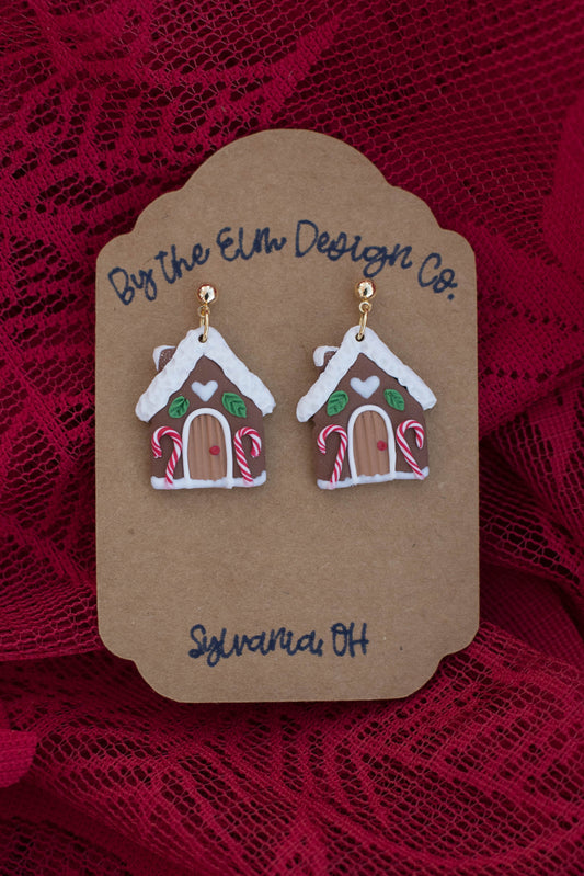 Gingerbread House Dangle Earrings - 14k gold plated ball post, nickel free