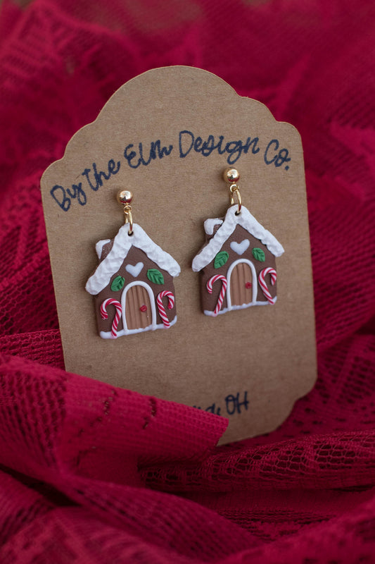 Gingerbread House Dangle Earrings - 14k gold plated ball post, nickel free