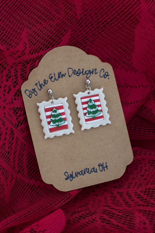 Postage Stamp Christmas Tree Earrings - White gold plated post, nickel free