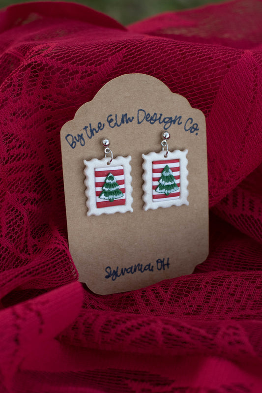 Postage Stamp Christmas Tree Earrings - White gold plated post, nickel free