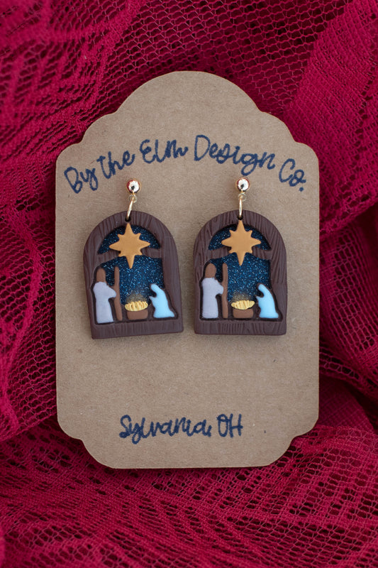 Nativity Scene Dangle Earrings - 14k gold plated post, nickel free