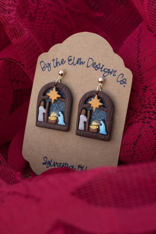 Nativity Scene Dangle Earrings - 14k gold plated post, nickel free